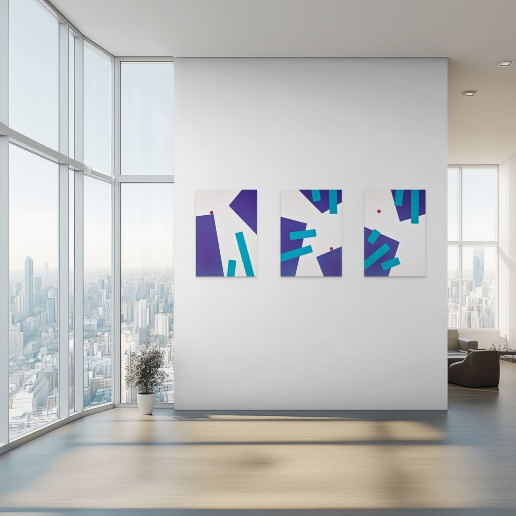 Abstract, textured painting by Adra - Playtime Triptych in modern skyline living room