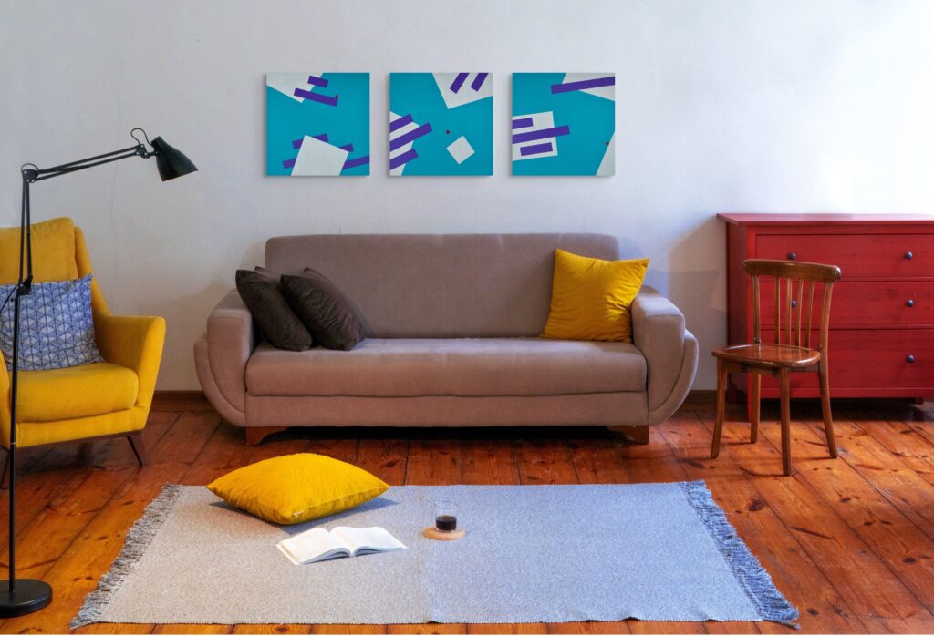 Geometric abstract art in living room 03 - Gravity Triptych Paintings by Adra