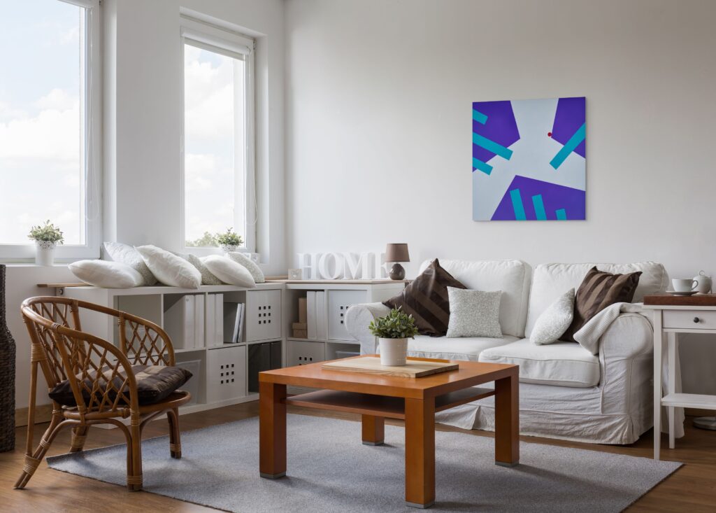Abstract, textured painting by Adra - Interplay Triptych by Adra in living room 07