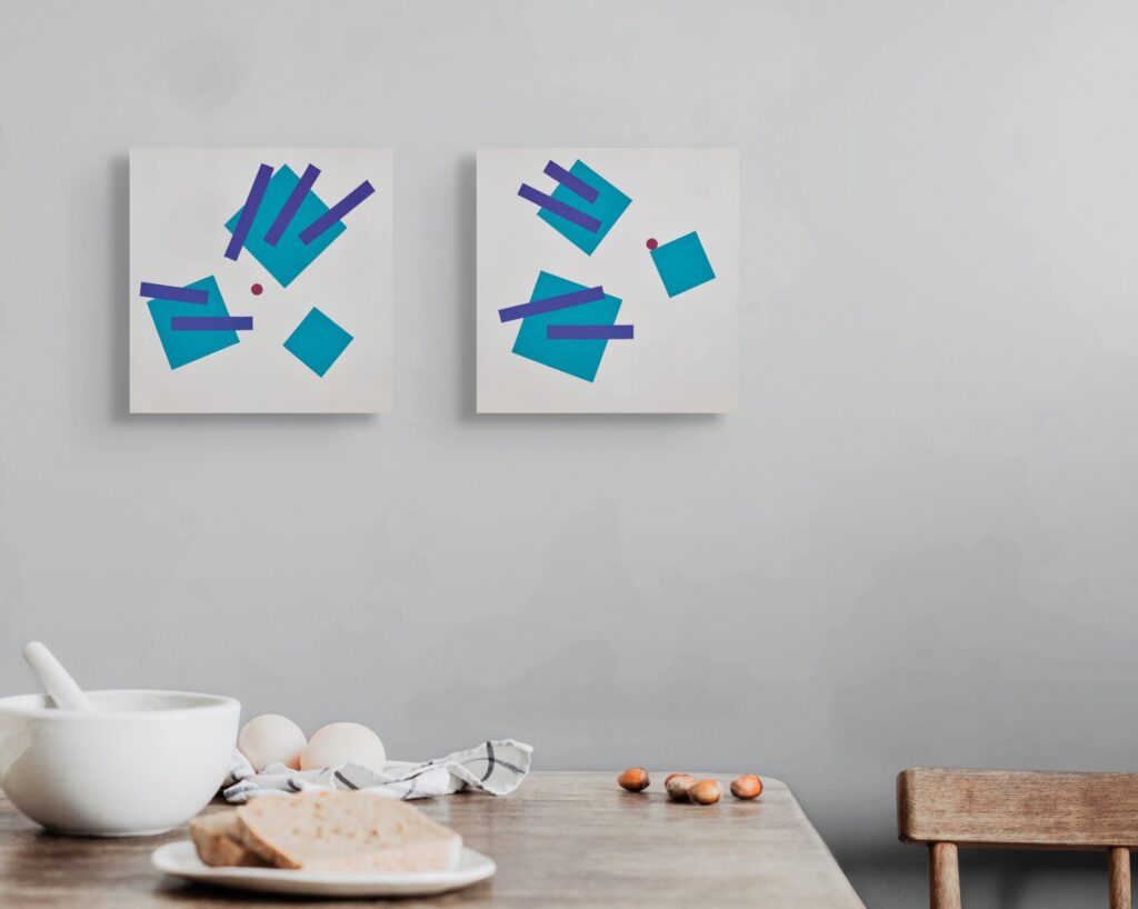 Abstract, geometric, textured paintings by Adra - Joy of Closeness Triptych in dining room 04