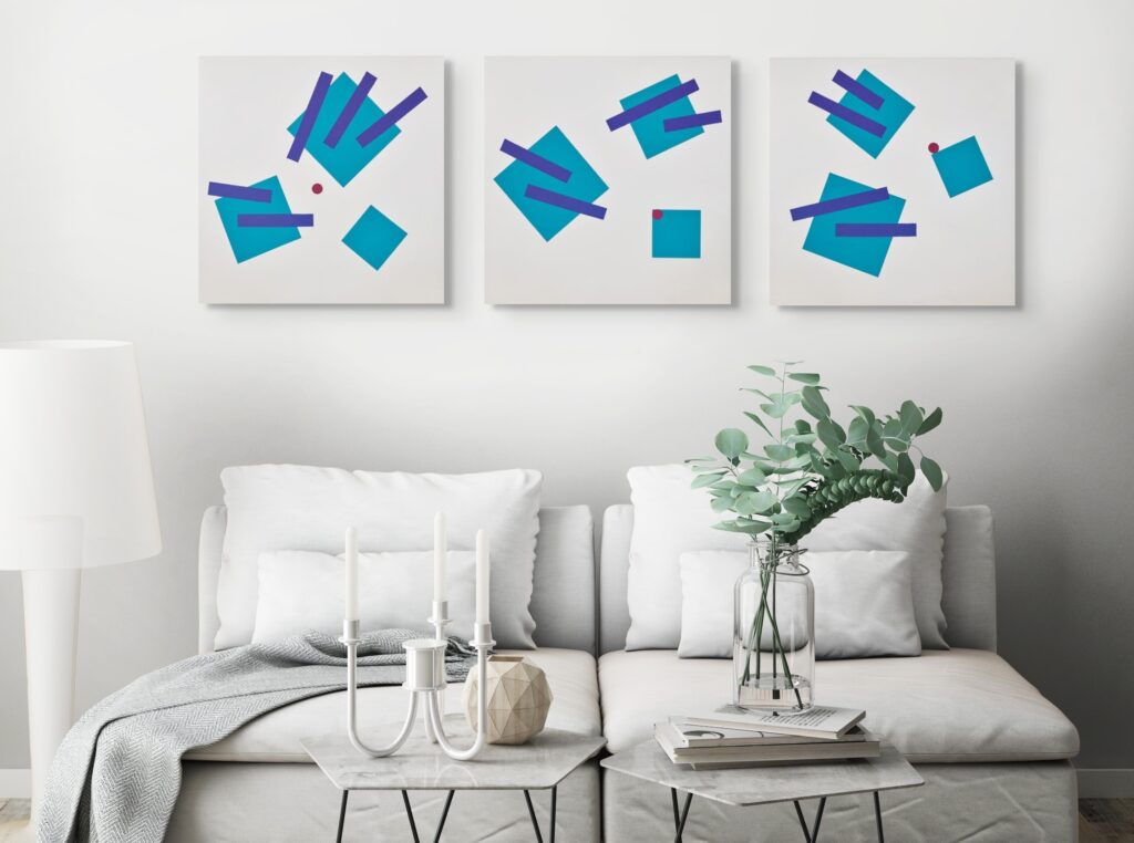 Abstract, geometric, textured paintings by Adra - Joy of Closeness Triptych in living room 04