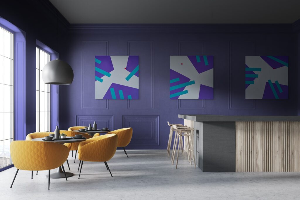 Violet resuarant with Interplay triptych by Adra - abstract, geometric, textured artist