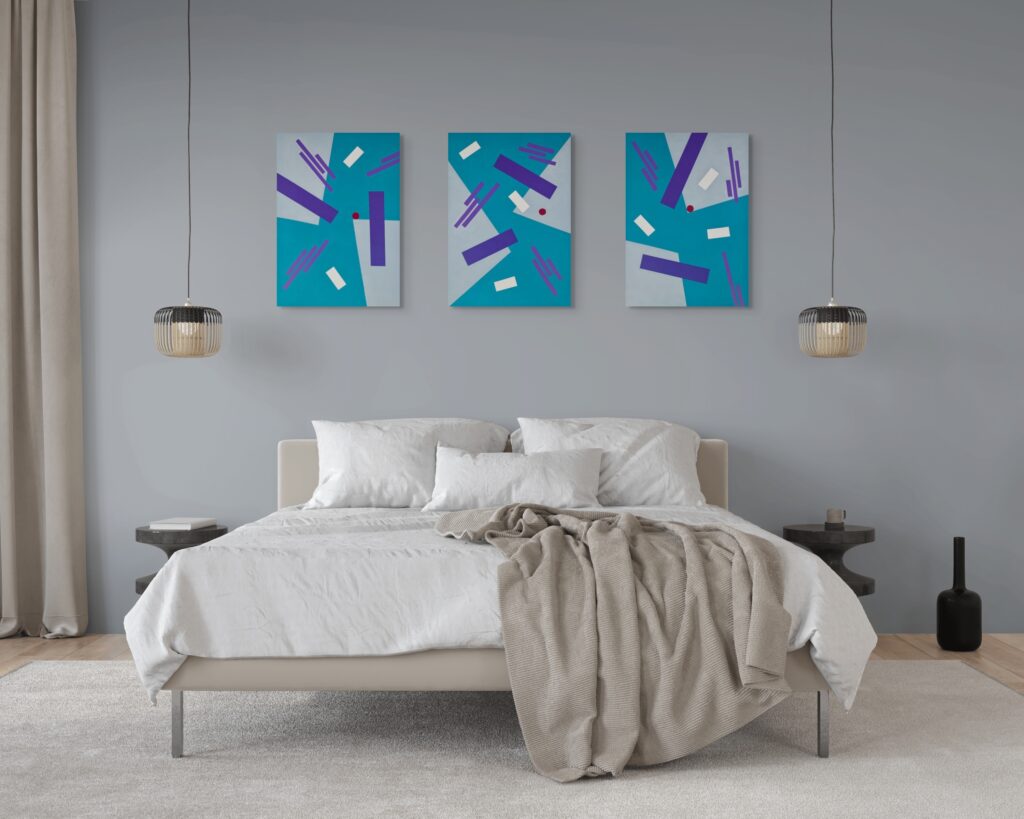 Abstract geometric paintings by Adra - Balance Triptych in minimalist bedroom