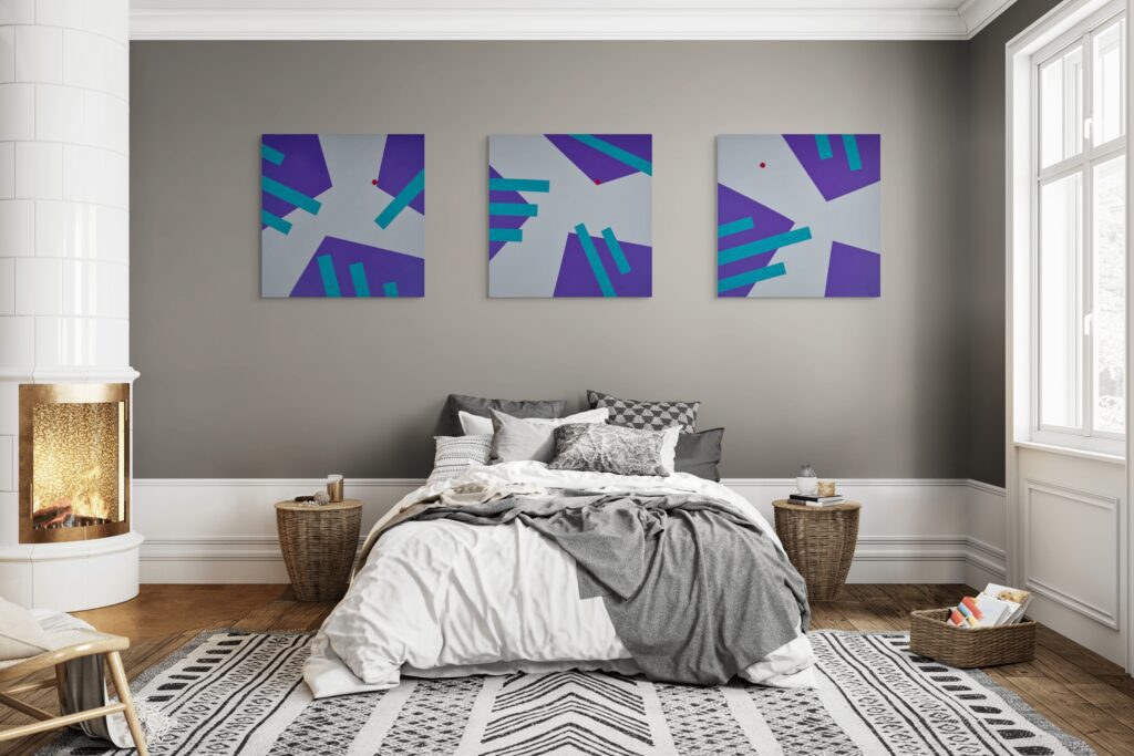 Abstract, textured painting by Adra - Interplay Triptych in bedroom