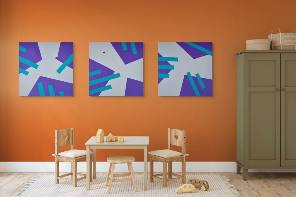 Child room with Interplay triptych by Adra - abstract, geometric, textured artist
