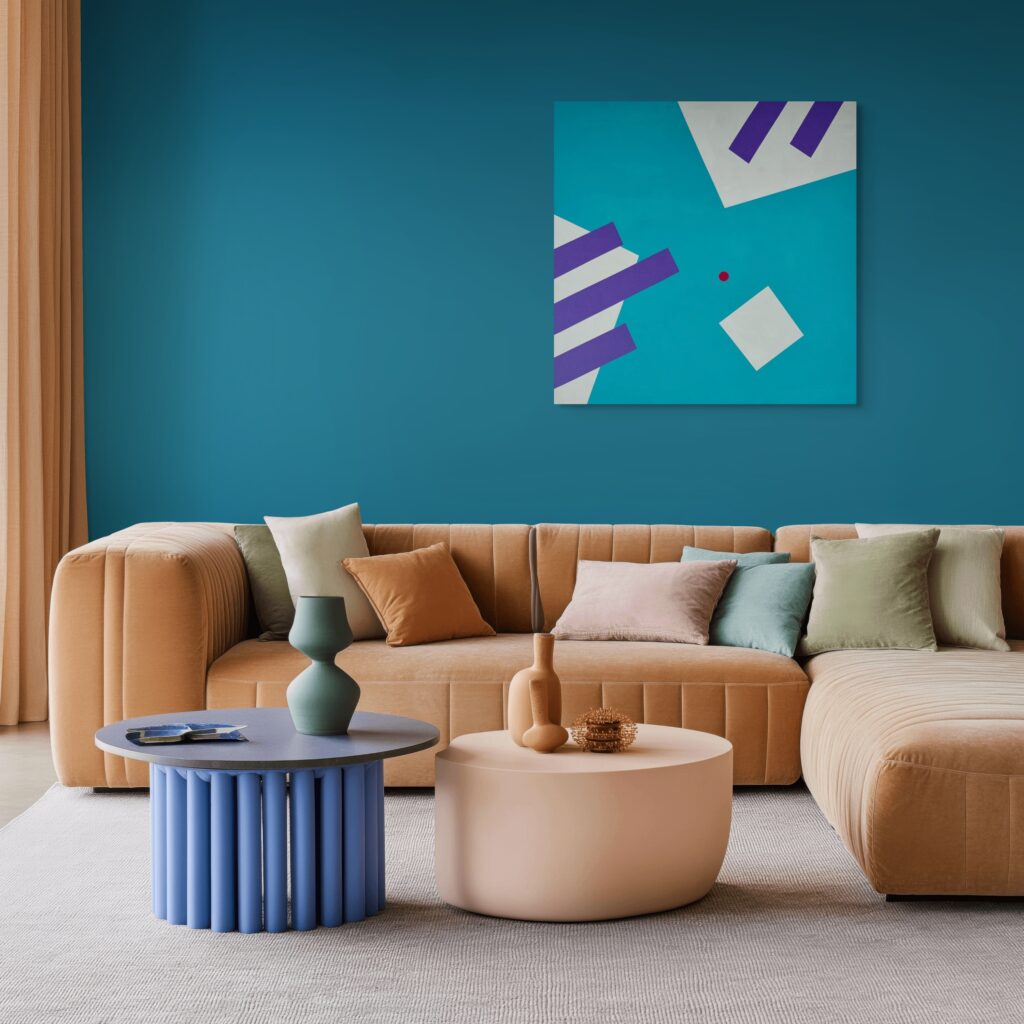 Geometric, abstract art - Gravity Painting by Adra in colourful living room