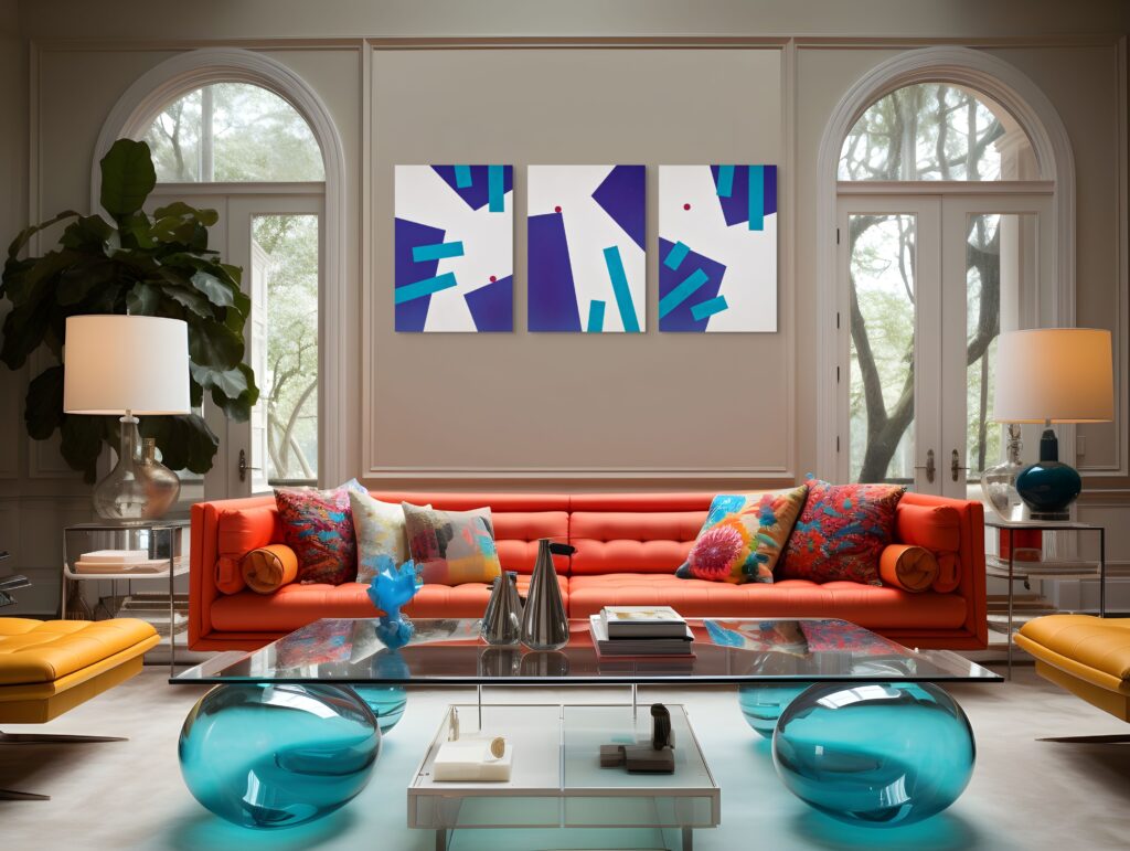 Geometric, textured abstract art - Playtime triptych paintings by Adra - colourful living room