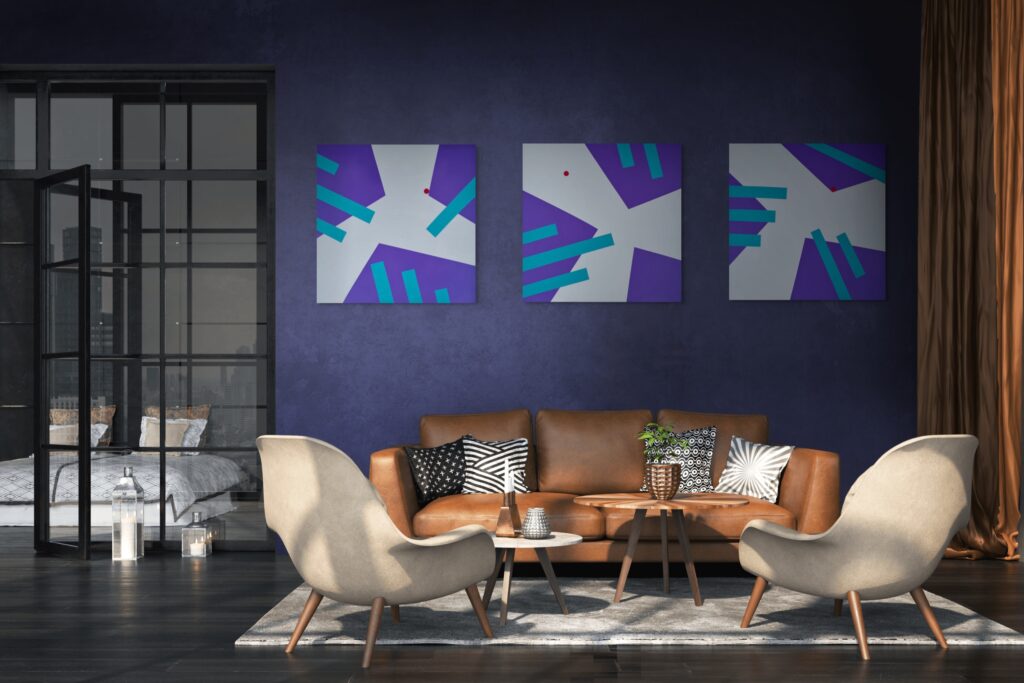 Dark tones living room with Interplay triptych by Adra - abstract, geometric, textured artist