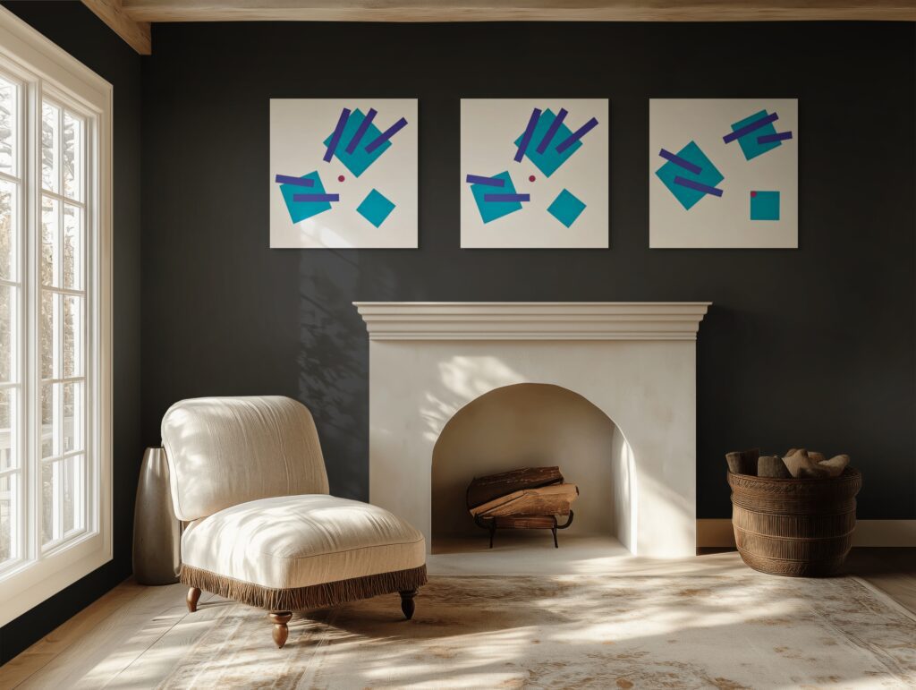Abstract, textured painting by Adra - Joy of Closeness next to fireplace in living room