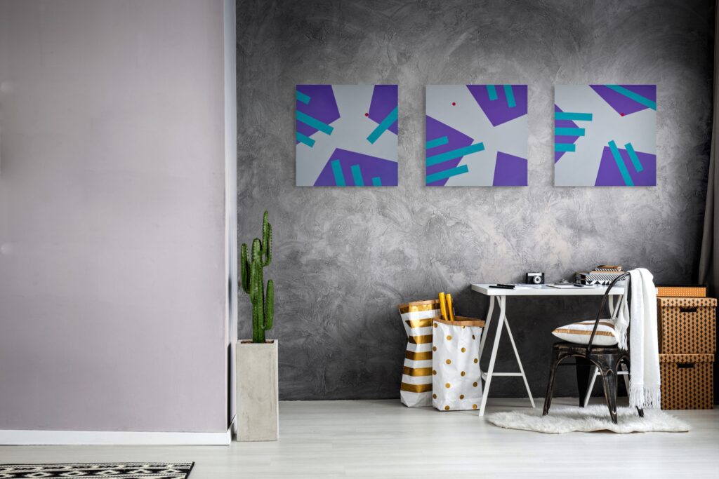 Abstract, textured painting by Adra - Interplay Triptych by Adra in workspace
