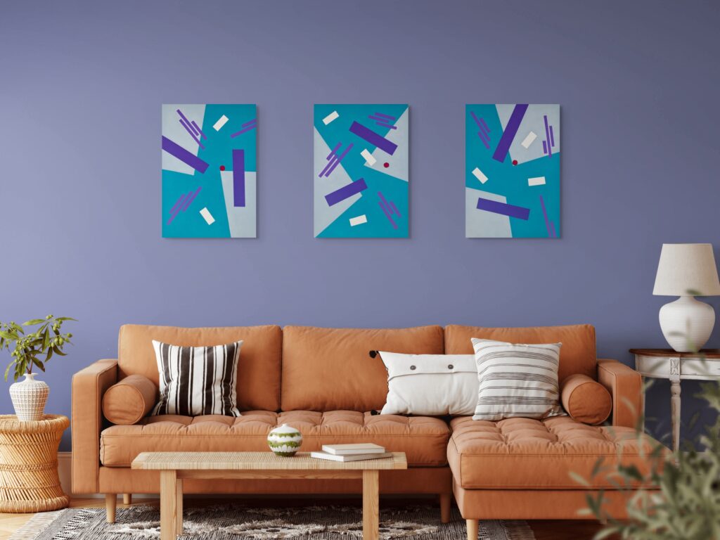 Abstract, textured paintings by Adra - Balance Triptych in colourful living room 01