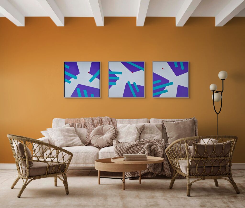 Orange living room with Interplay triptych by Adra - abstract, geometric, textured artist