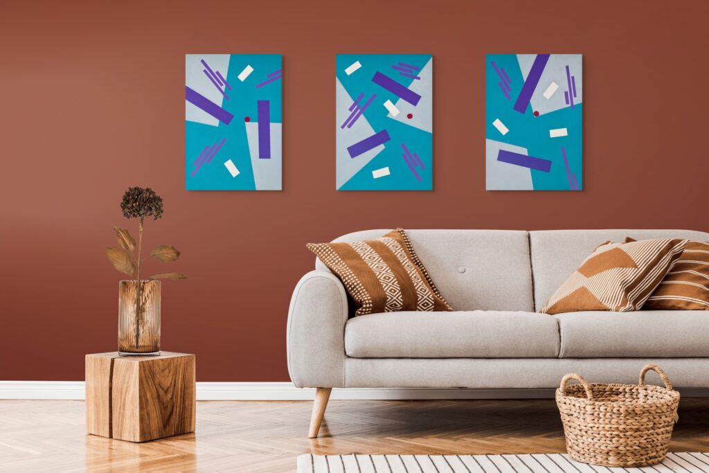 Abstract, textured paintings by Adra - Balance Triptych in colourful living room 02