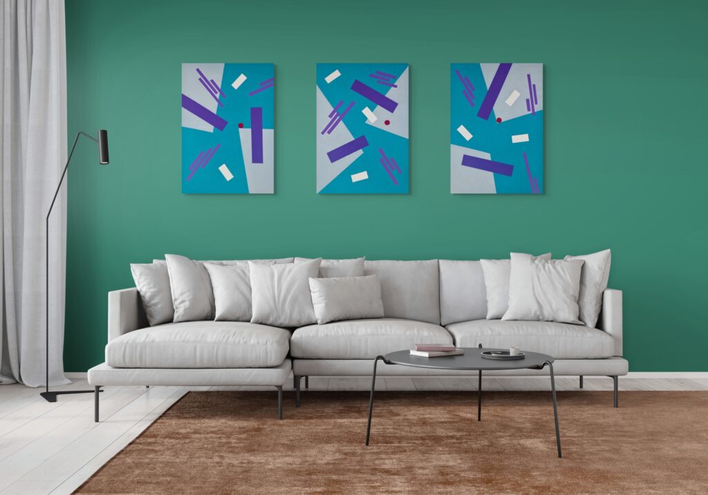 Abstract, textured paintings by Adra - Balance Triptych in colourful living room 03