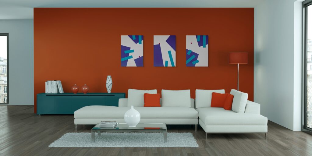 Geometric, textured abstract art - Playtime triptych paintings by Adra - colourful living room 02