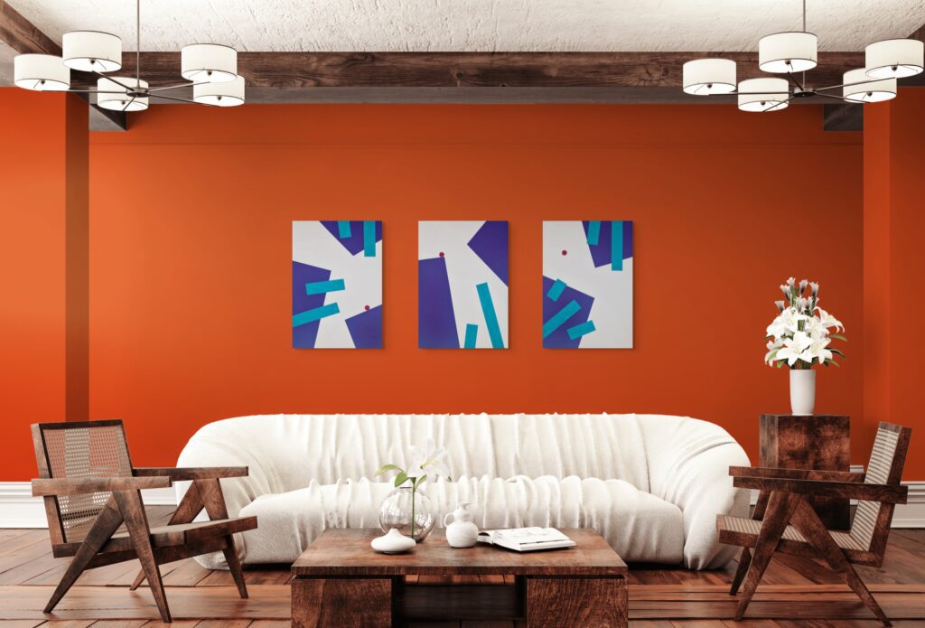 Abstract, textured painting by Adra - Playtime Triptych by Adra in colourful living room 02