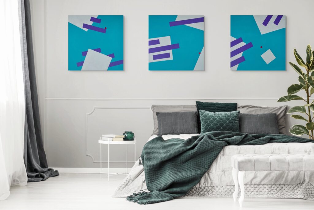 Geometric, abstract art - Gravity Triptych by Adra in bedroom