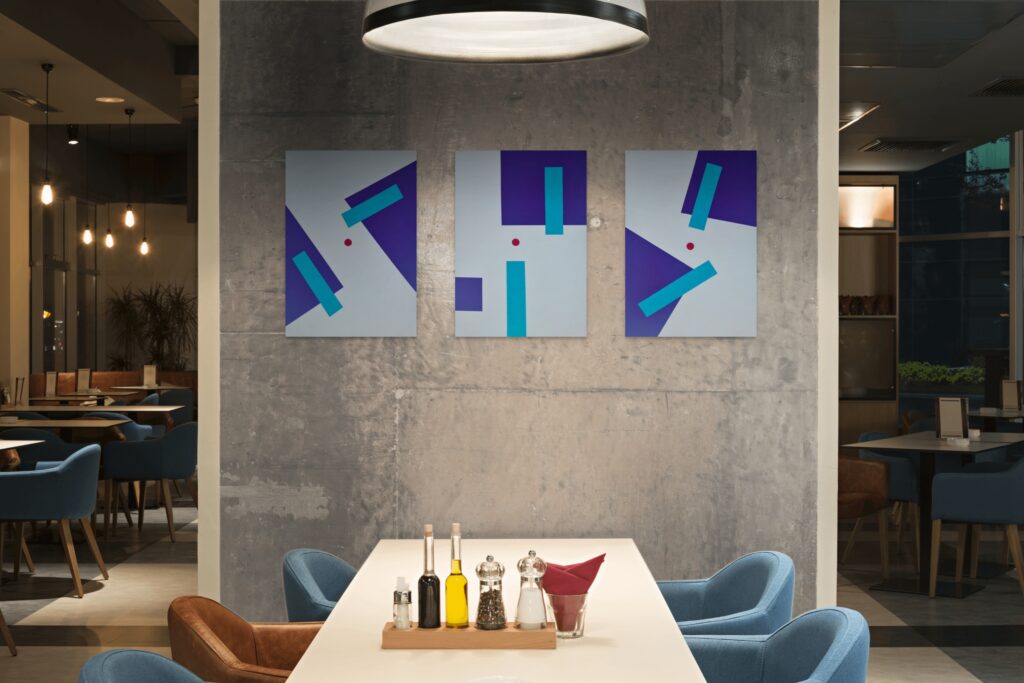 Abstract, textured painting by Adra - Sensations Triptych in restaurant