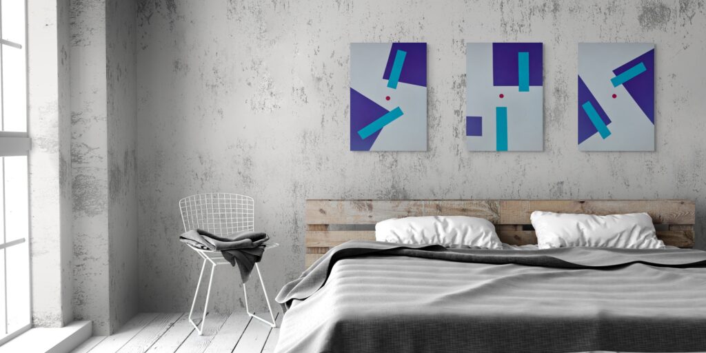 Textured geometric art paintings by Adra - Sensations Diptych in modern bedroom
