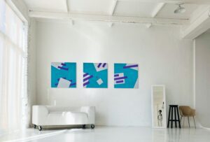 Geometric abstract art - Gravity Triptych Paintings by Adra in design studio