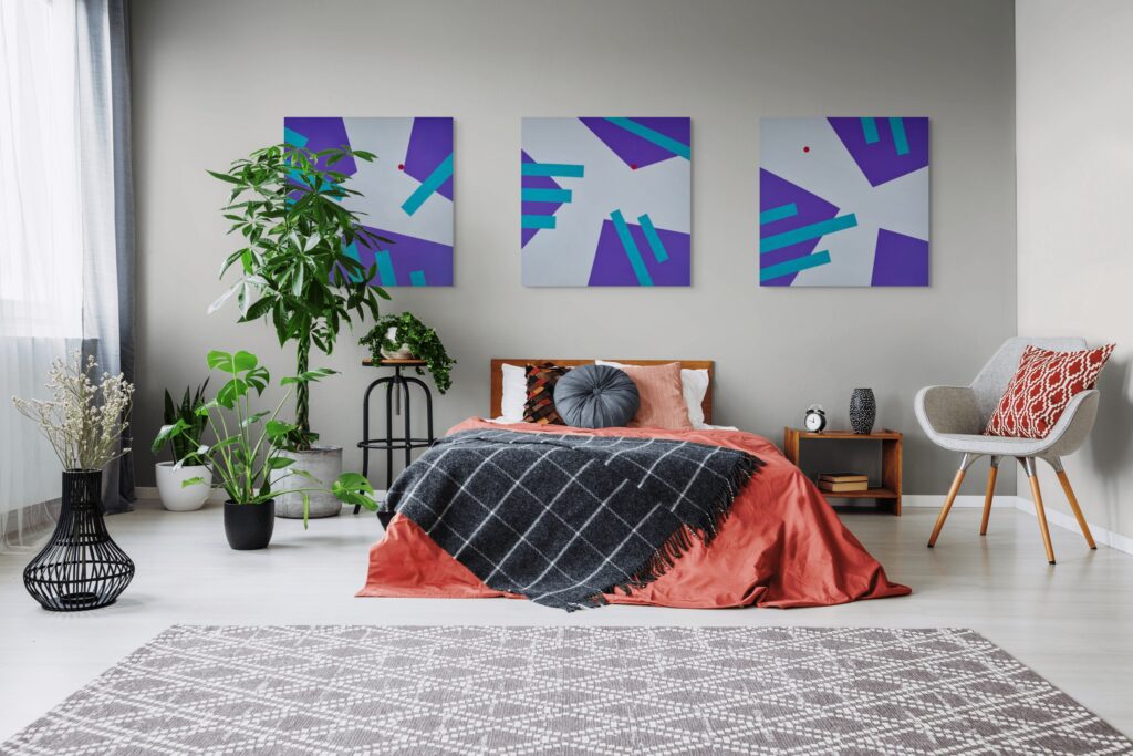 Abstract, textured painting by Adra - Interplay Triptych by Adra in bedroom