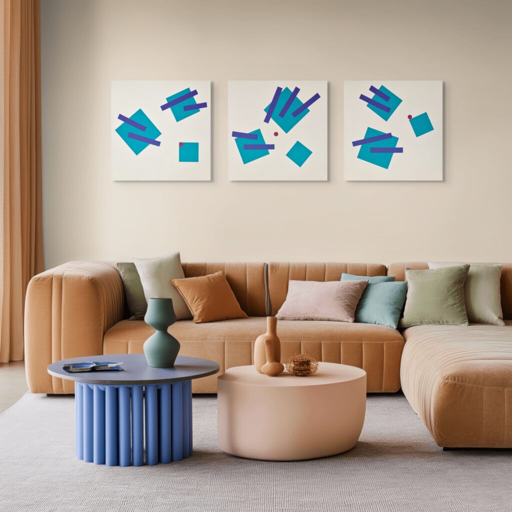 Abstract, textured painting by Adra - Joy of Closeness Triptych by Adra in colourful living room
