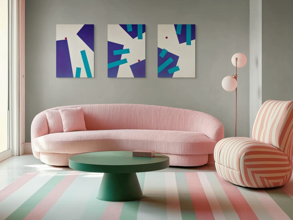Abstract, textured painting by Adra - Playtime Triptych by Adra in colourful living room