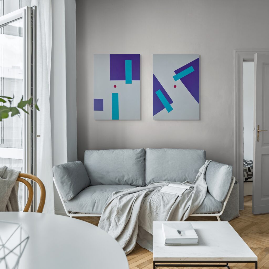 Abstract geometric paintings by Adra - Sensations Diptych in living room 02