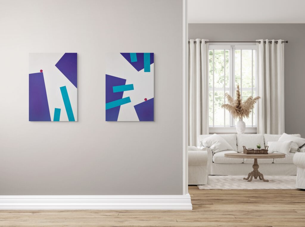 Geometric, textured abstract art - Playtime triptych paintings by Adra - beige living room