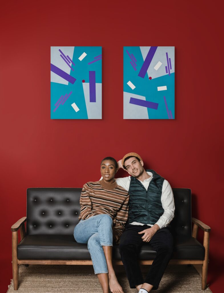 Abstract geometric paintings by Adra - Balance Triptych in red wall living room