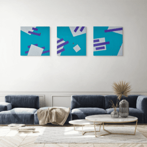 Geometric, abstract art - Gravity Triptych by Adra in living room