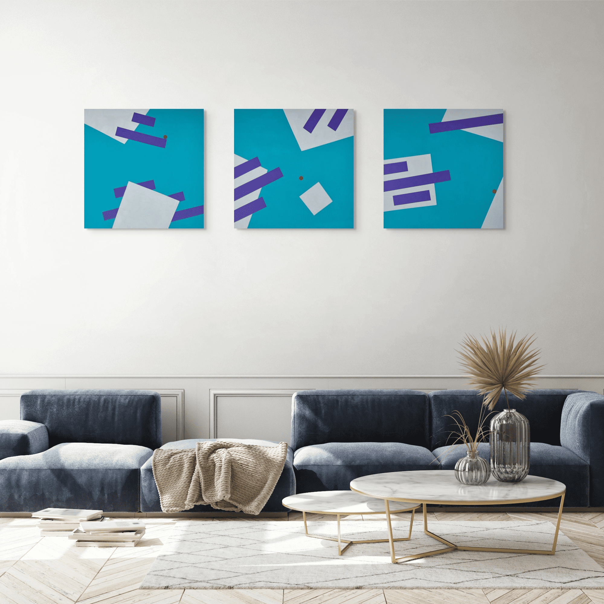 Geometric, abstract art - Gravity Triptych by Adra in living room