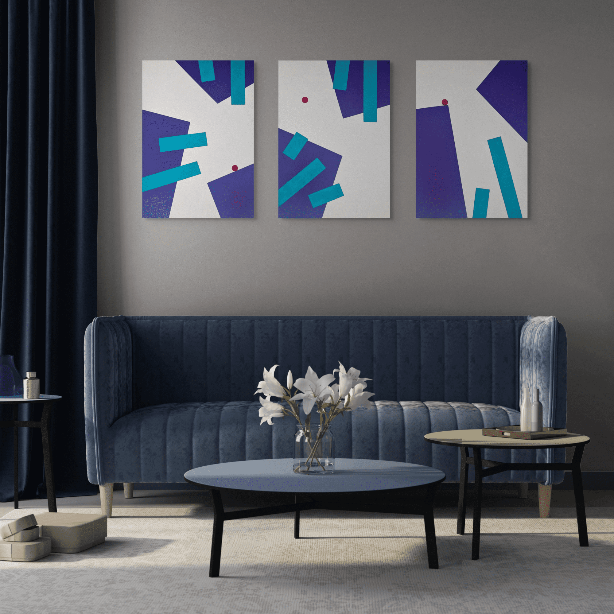Abstract, textured painting by Adra - Playtime Triptych in modern living room