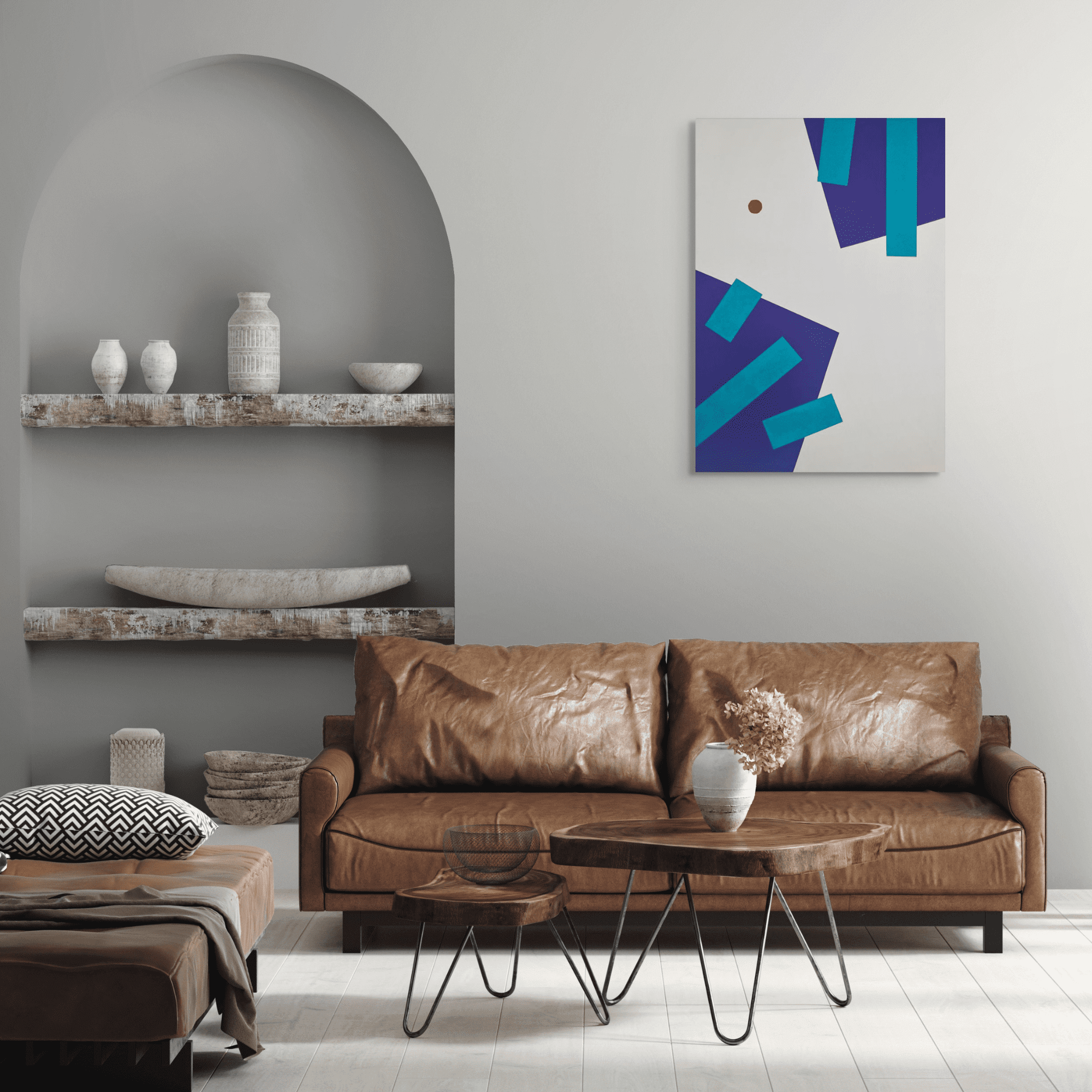 Geometric, textured abstract art by Adra - Playtime Adventure painting in minimalist living room 02